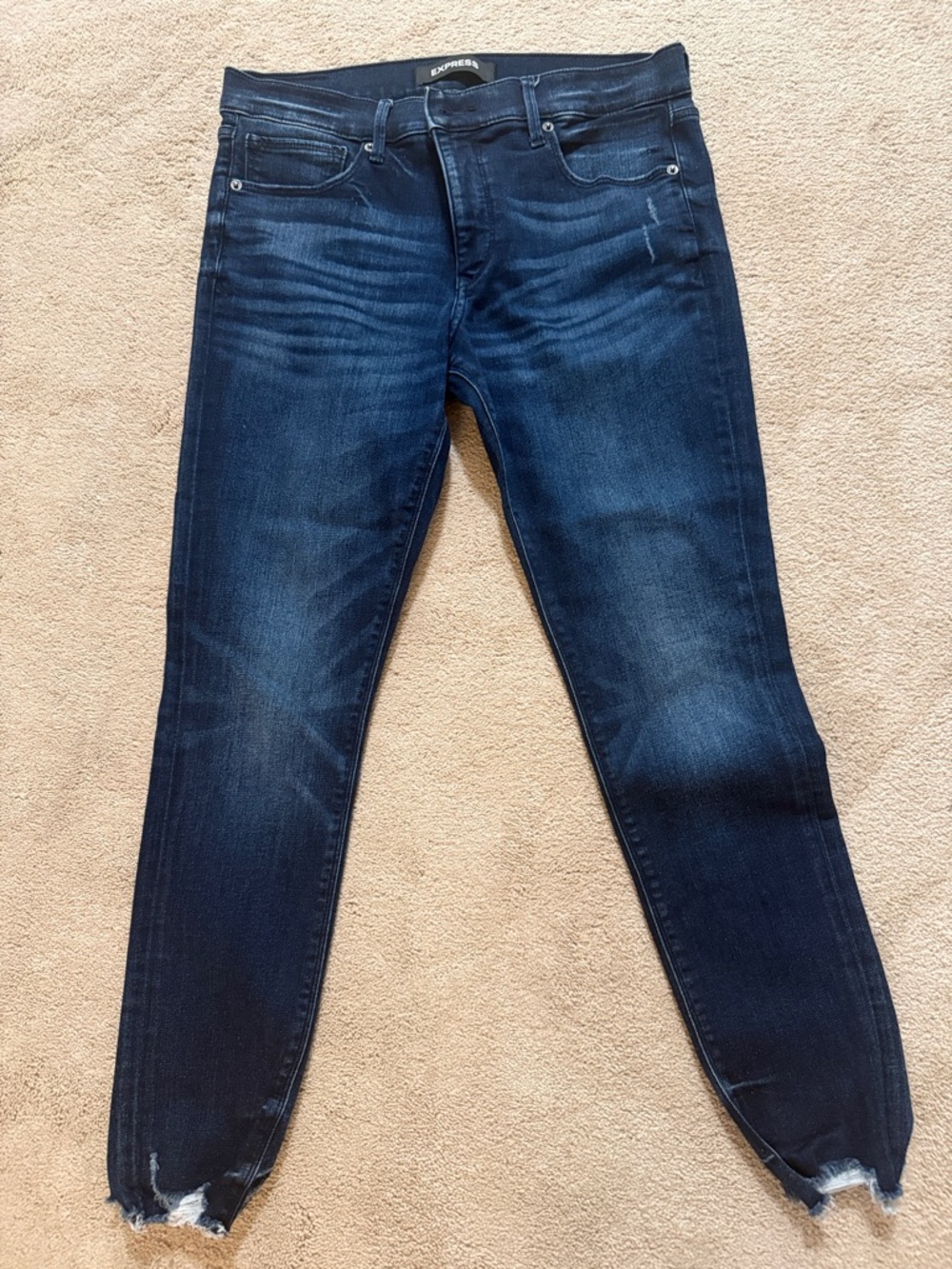 Express Women's Dark Indigo Skinny Jeans with Raw Hem